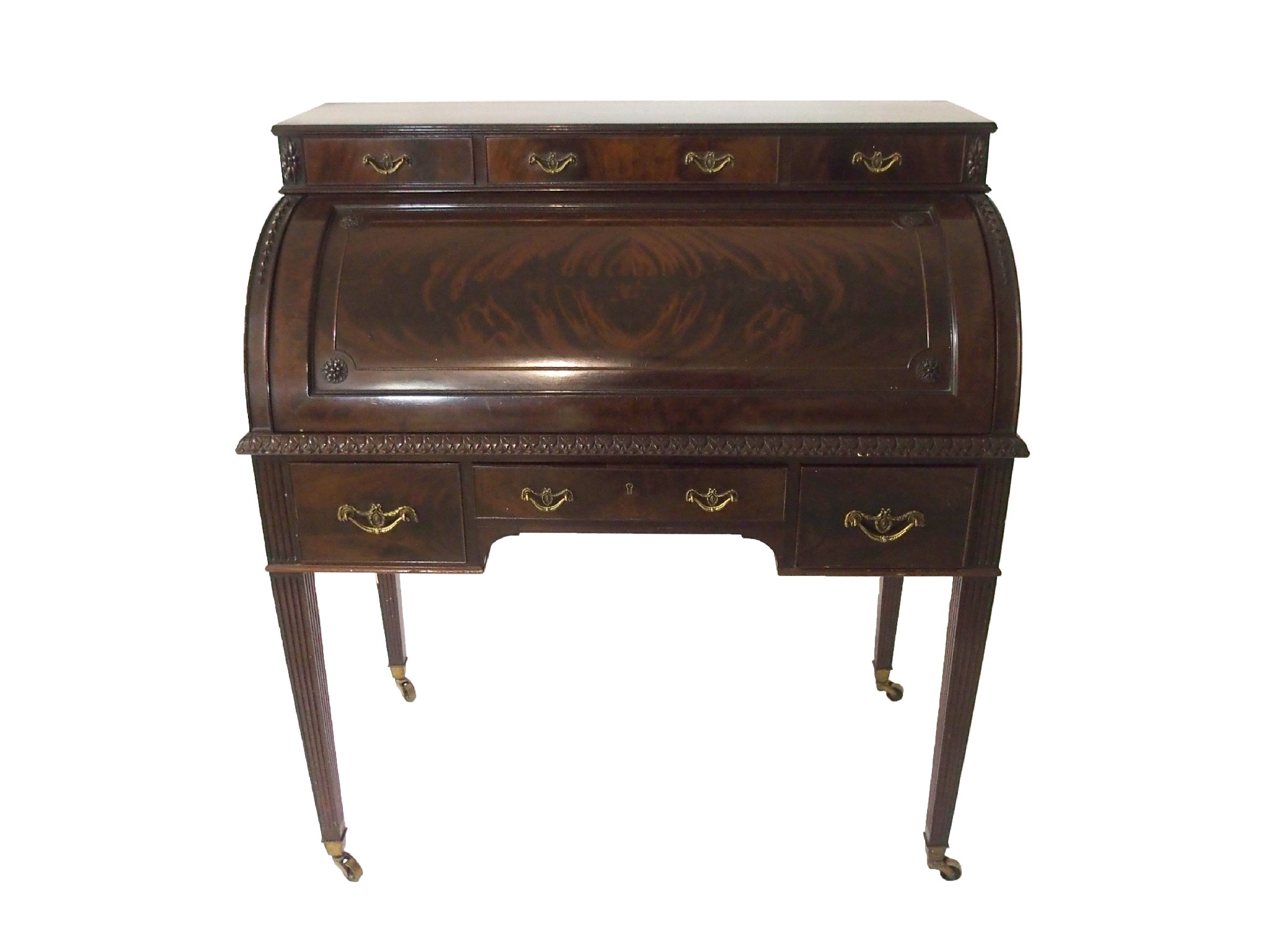 Appraisal: A mahogany cylinder bureauwith three drawers above pull-out skiver pigeon