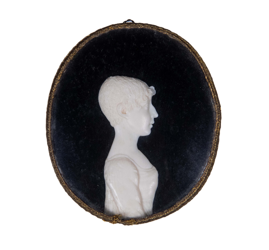 Appraisal: MINIATURE IVORY RELIEF PORTRAIT Bas Relief Profile Waist Length Portrait