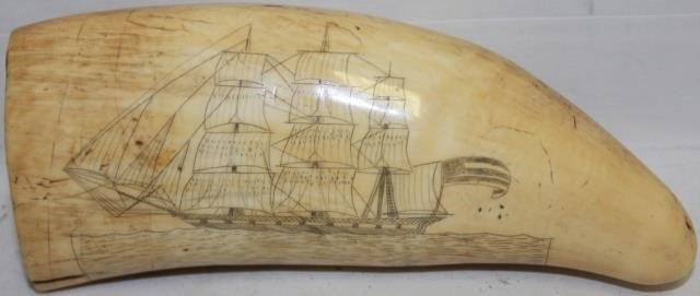 Appraisal: EARLY TH C SCRIMSHAW WHALE'S TOOTH WITH ANAMERICAN SHIP ON