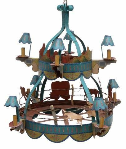 Appraisal: Southwest style folk art paint decorated iron nine-light chandelier signed