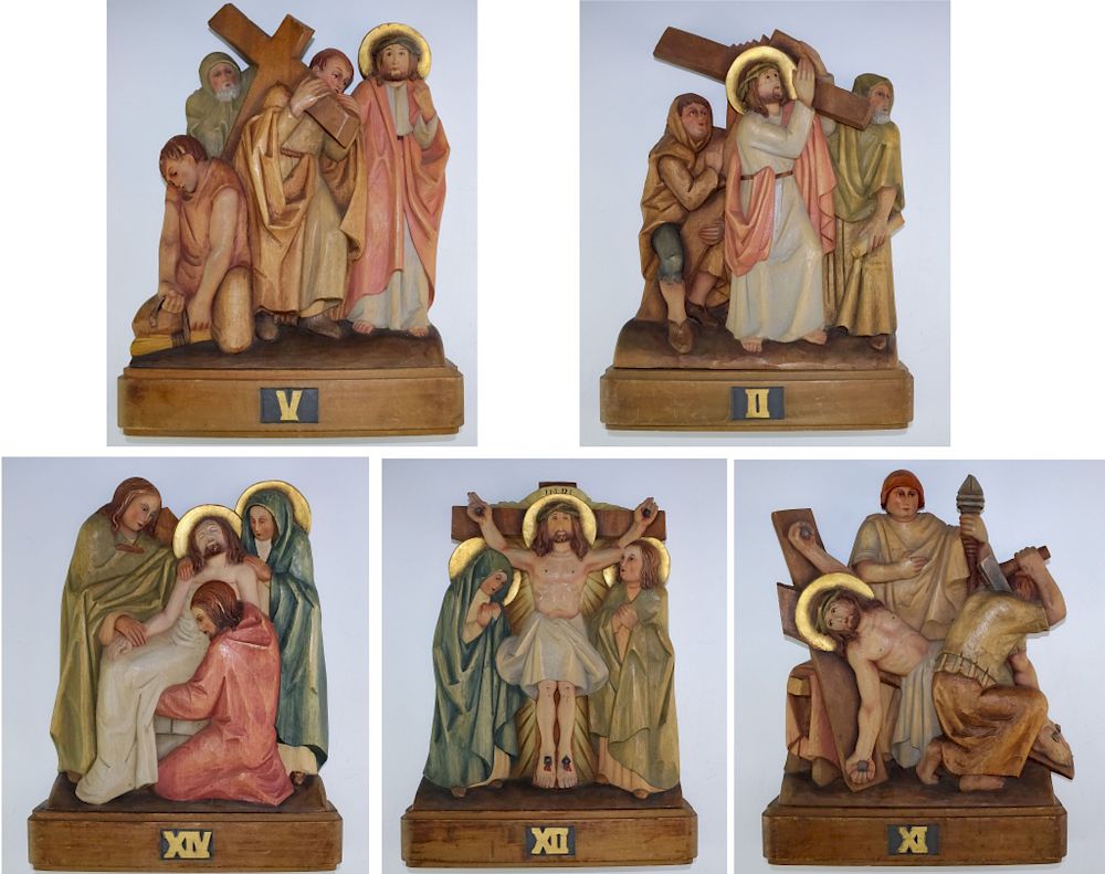 Appraisal: Oberammergau Carved Wood Stations Of The Cross Collection of five