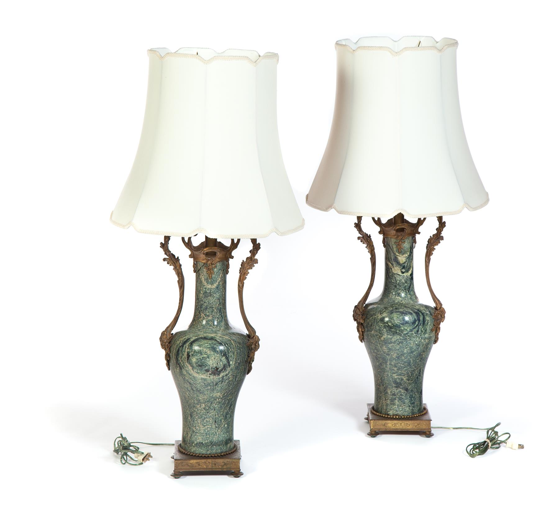 Appraisal: PAIR MARBLE BASE LAMPS First half- th century Green marble