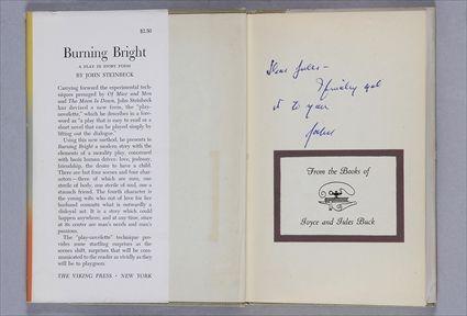 Appraisal: INSCRIBED STEINBECK JOHN BURNING BRIGHT NY VIKING ST EDITION MO