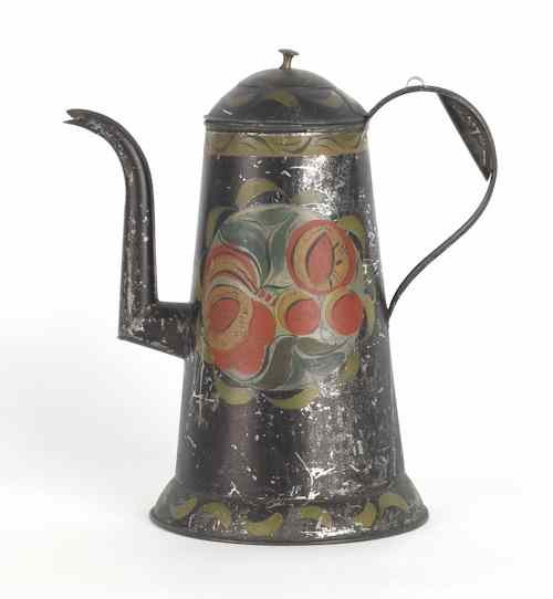 Appraisal: Pennsylvania tole decorated tin coffee pot th c with a