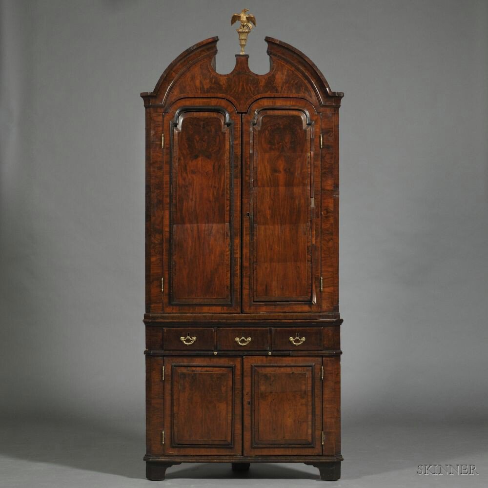 Appraisal: Early Georgian-style Inlaid Walnut Corner Cupboard broken arch pediment with