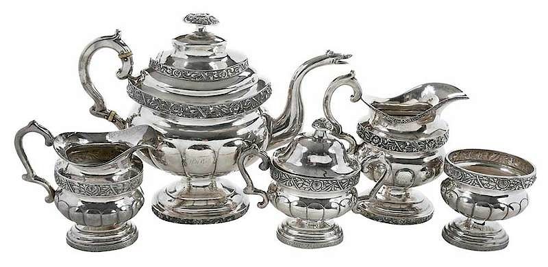 Appraisal: Five Piece Sterling Coin Silver Tea Set Chinese and American