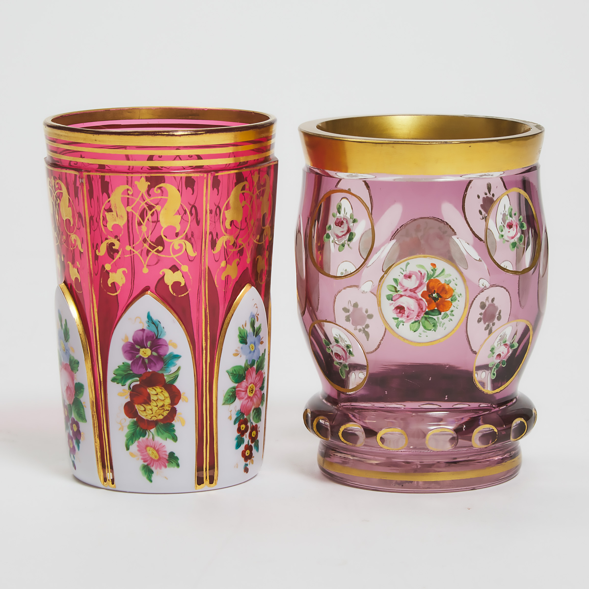 Appraisal: Two Bohemian Overlaid Cut Enameled and Gilt Glass Beakers second