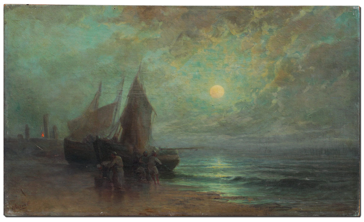 Appraisal: CASENELLI Victor American - Nocturnal Beach Scene with Fishermen Hauling