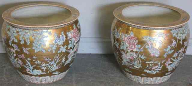 Appraisal: Pair of Large Signed Asian Planters Adorned with cranes and