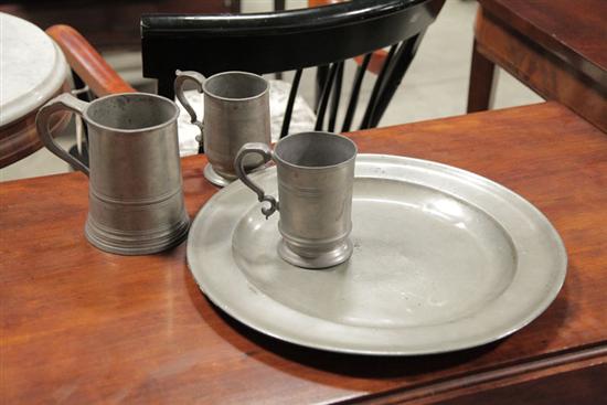 Appraisal: FOUR PIECES OF PEWTER Engraved pewter tankard interior marked for