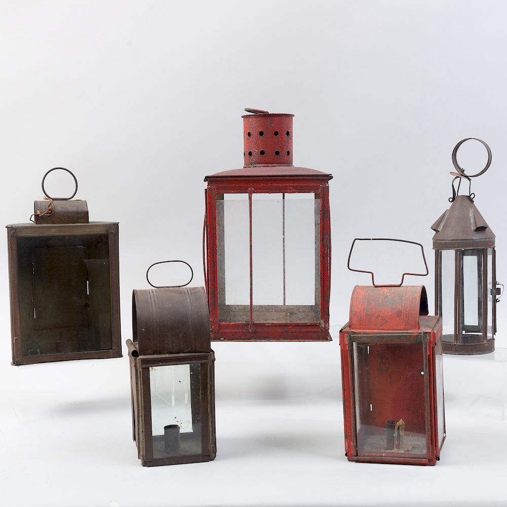 Appraisal: Group of Five Tin and Glass Candle Lanterns Two painted