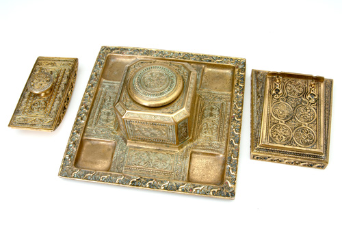 Appraisal: TIFFANY STUDIOS Three gilt-parcel desk pieces in the Venetian pattern