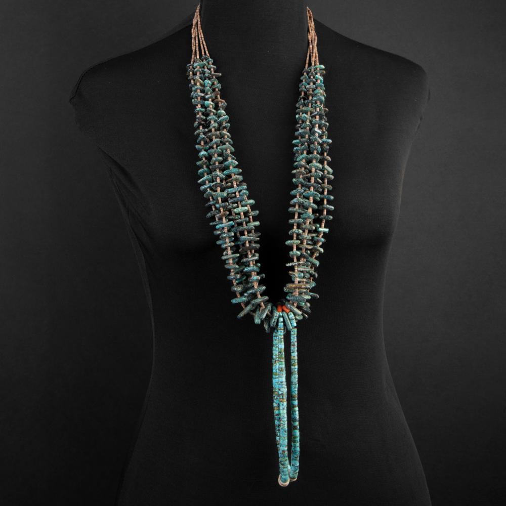 Appraisal: SANTO DOMINGO FIVE STRAND NATURAL TURQUOISE NECKLACE WITH JACLAS CA