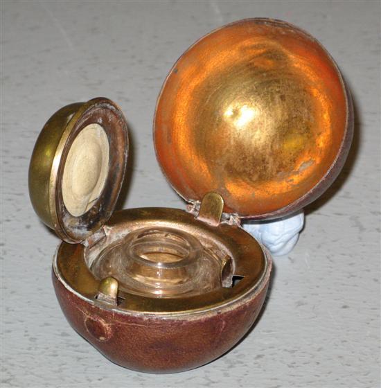 Appraisal: Novelty 'Cricket ball' travelling inkwell with red leather button release