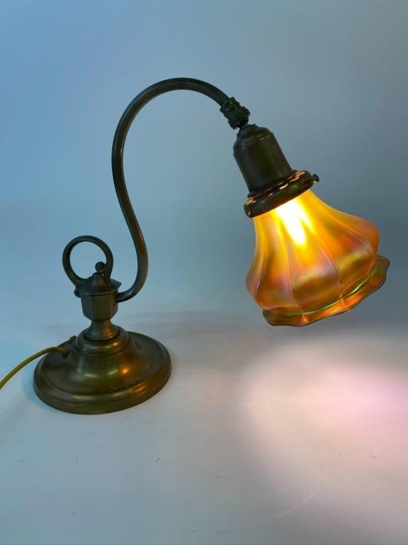 Appraisal: Brass desk lamp with art glass shade circa h x