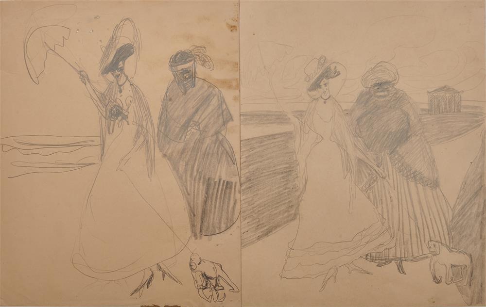 Appraisal: LYONEL FEININGER American German - Two Women with Monkey ca