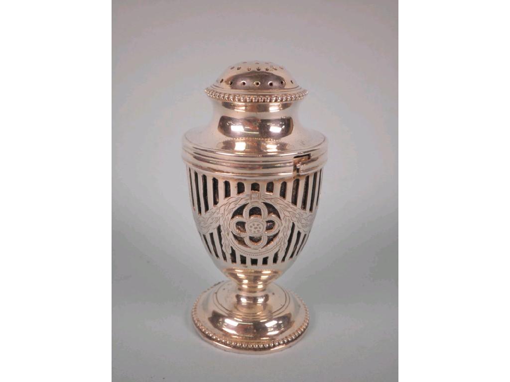 Appraisal: A silver urn shaped pepper pot with blue glass liner