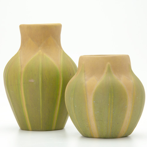 Appraisal: ROSEVILLE Two Early Velmoss bulbous vases in sheer green and