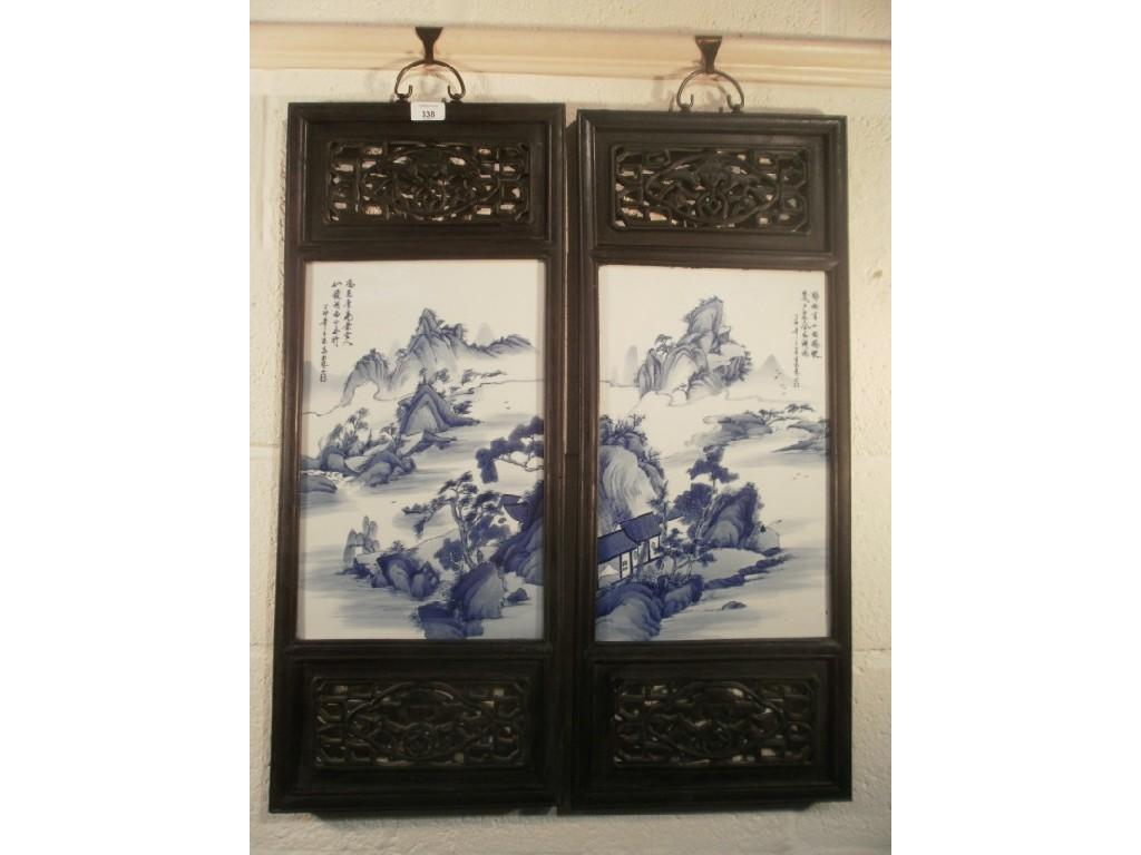 Appraisal: Four Chinese porcelain framed panels decorated in underglaze blue depicting