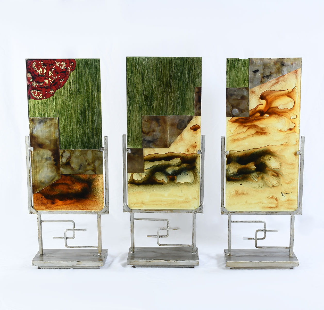 Appraisal: PC SIGNED ITALIAN ART GLASS PANELS ON METAL STANDS abstract