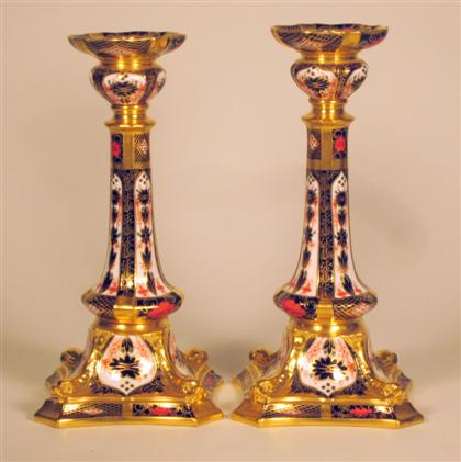 Appraisal: Pair of Royal Derby porcelain old imari pattern porcelain candlesticksTypical