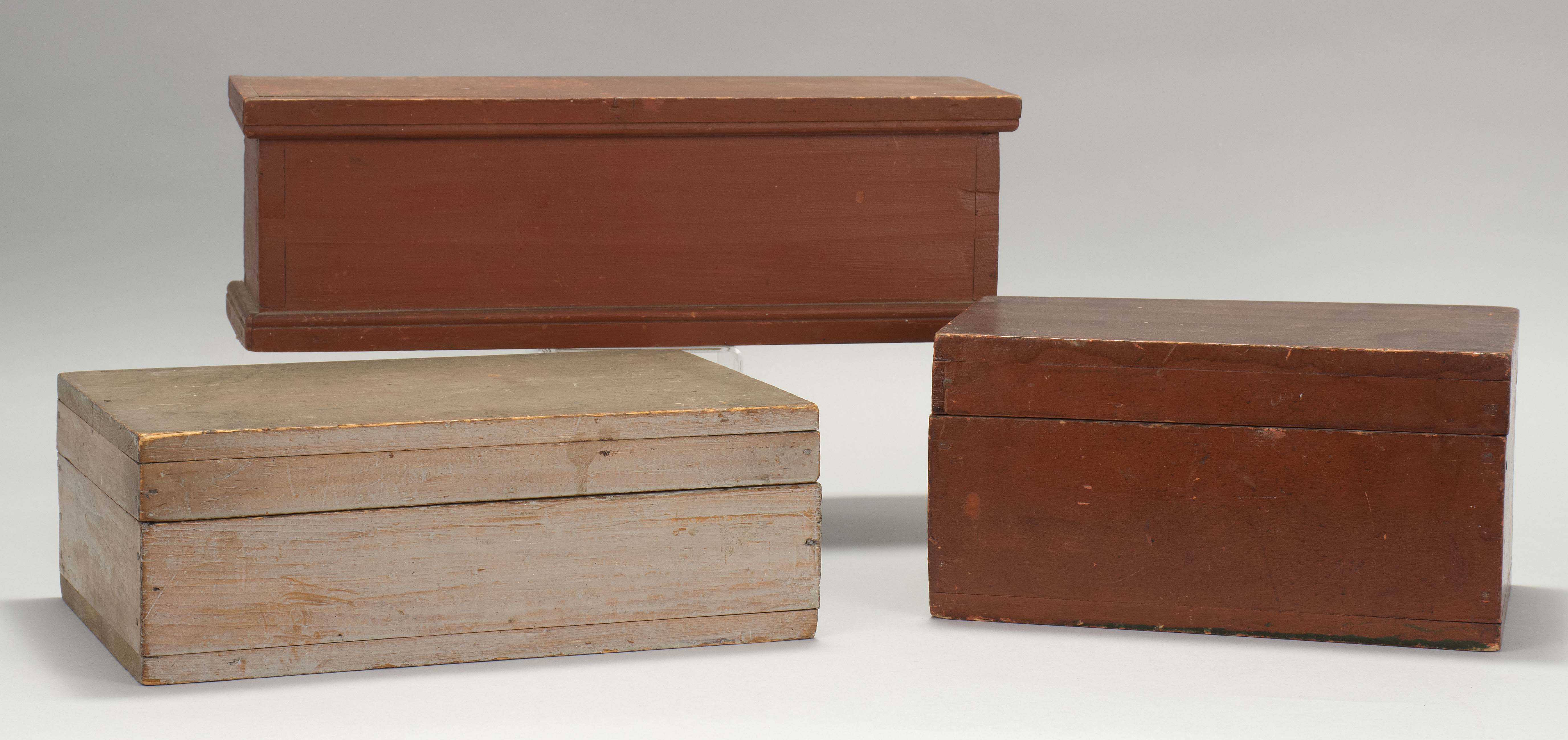 Appraisal: THREE WOODEN BOXES th CenturyTwo painted red and one painted