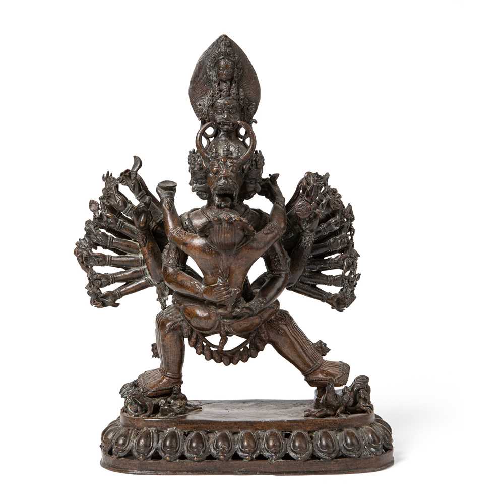 Appraisal: BRONZE FIGURAL GROUP OF YAMANTAKA WITH VAJRAVETALI NEPAL TH CENTURY