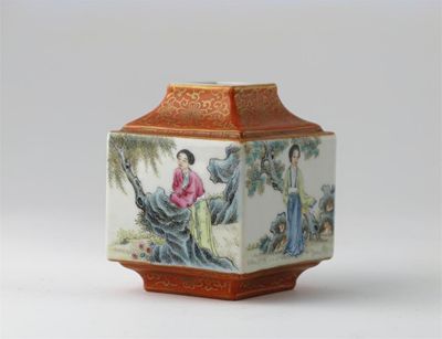 Appraisal: A small Chinese cube shaped vase decorated with four maidens