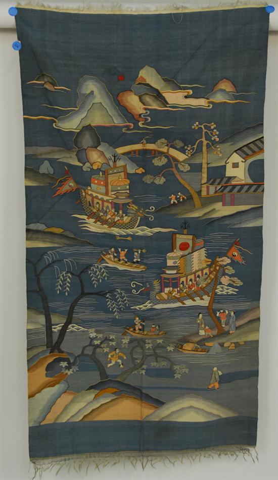 Appraisal: JAPANESE SILK AND METALLIC THREAD PANEL depicting figures in a