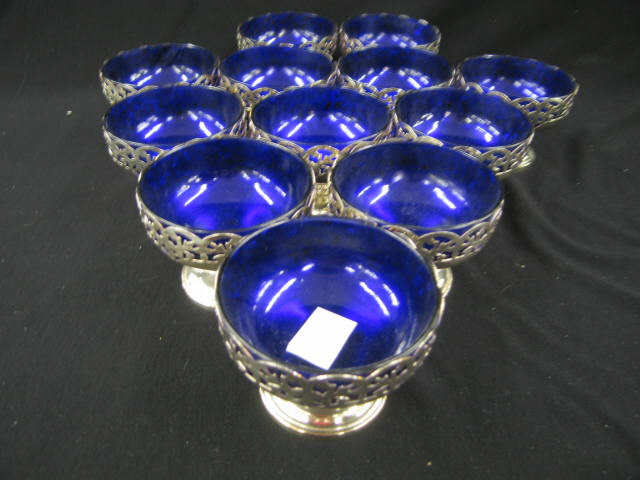 Appraisal: Set of Silverplate Dessert Dishes or sherbets with cobalt glass