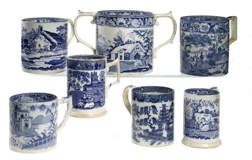 Appraisal: SIX BLUE PRINTED EARTHENWARE PORTER AND OTHER MUGS AND A