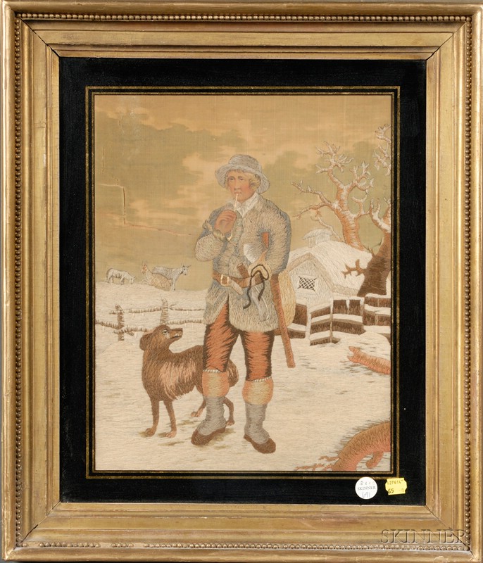 Appraisal: Silk and Wood Needlework Picture of Hunter and a Dog