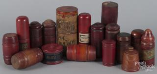 Appraisal: Red treen canisters to include several with original advertising labels