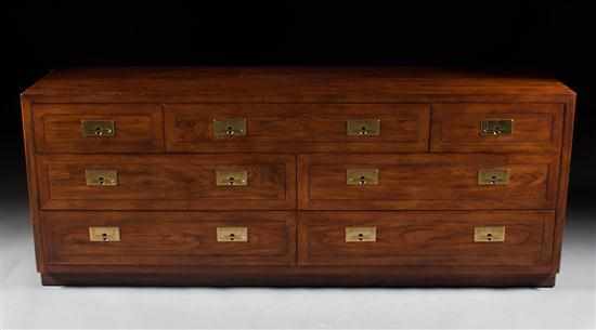 Appraisal: Henredon campaign style fruitwood dresser central long drawer flanked by