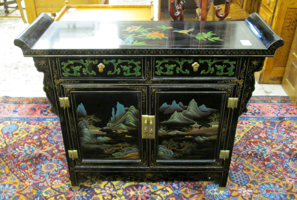 Appraisal: CHINESE ALTAR CABINET a small -door cabinet with painted floral