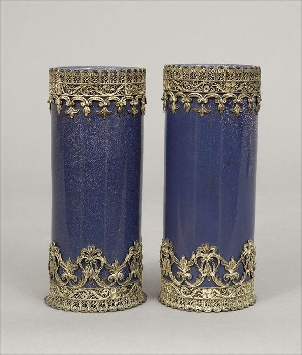 Appraisal: Pair of Continental Filigree-Mounted Blue-Glazed Porcelain Vases in