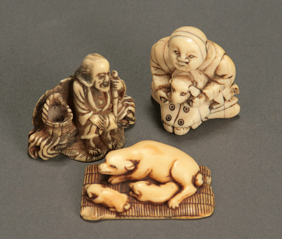 Appraisal: Three Japanese Ivory Netsuke Studies th Century The first of