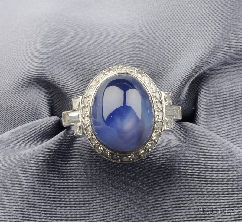 Appraisal: Art Deco Platinum Star Sapphire and Diamond Ring bezel-set with