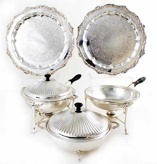 Appraisal: Pair silverplate chafing dishes and trays pair of round warming