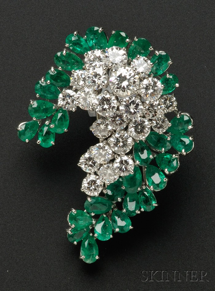 Appraisal: Platinum Diamond and Emerald Brooch Cartier prong-set with circular-cut diamonds