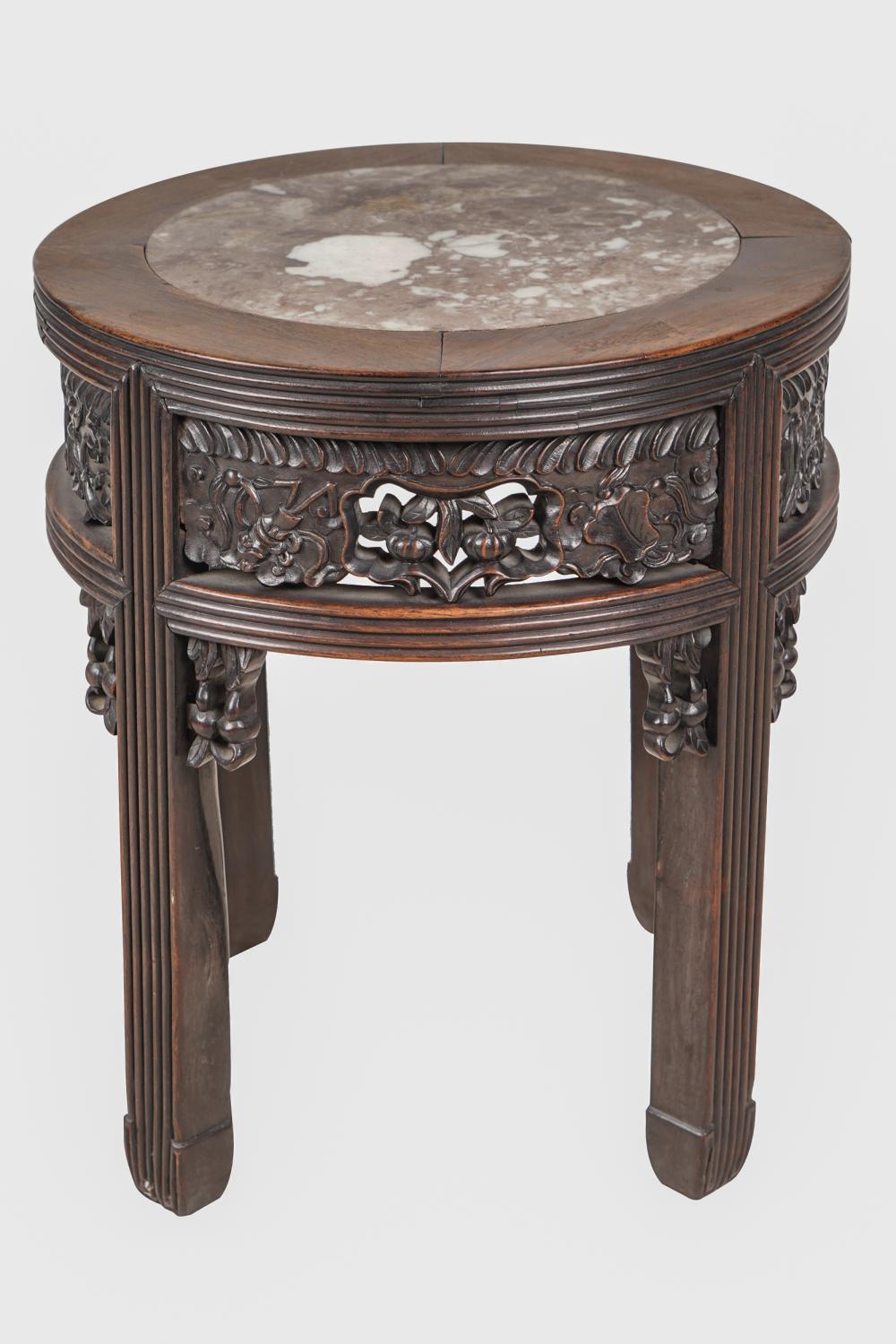 Appraisal: CHINESE CARVED HARDWOOD MARBLE INSET TABORETCondition the marble top having