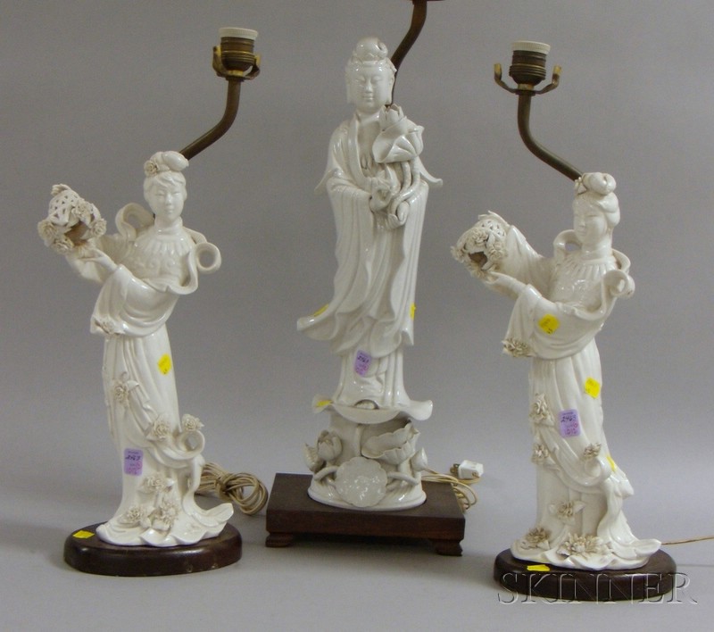 Appraisal: Three Blanc de Chine Kuan Yin Figural Table Lamps including