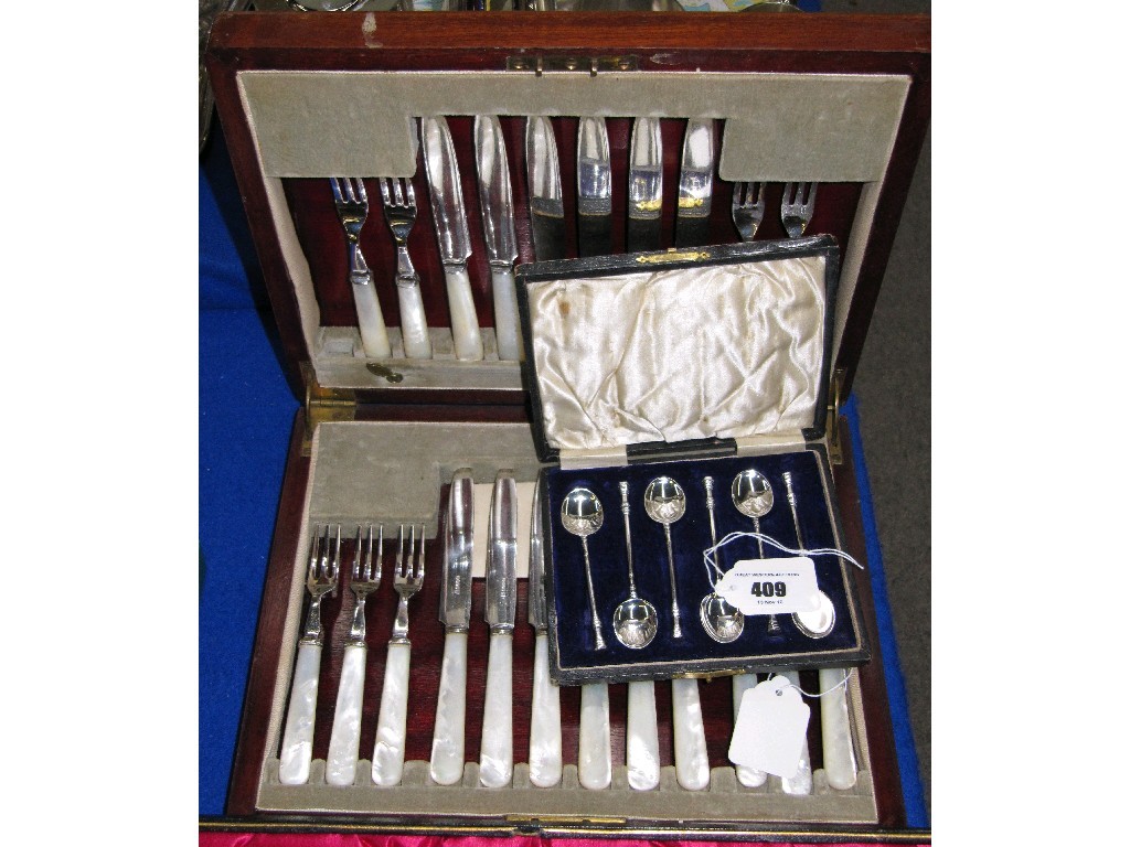 Appraisal: Lot comprising part EP and mother of pearl fruit cutlery