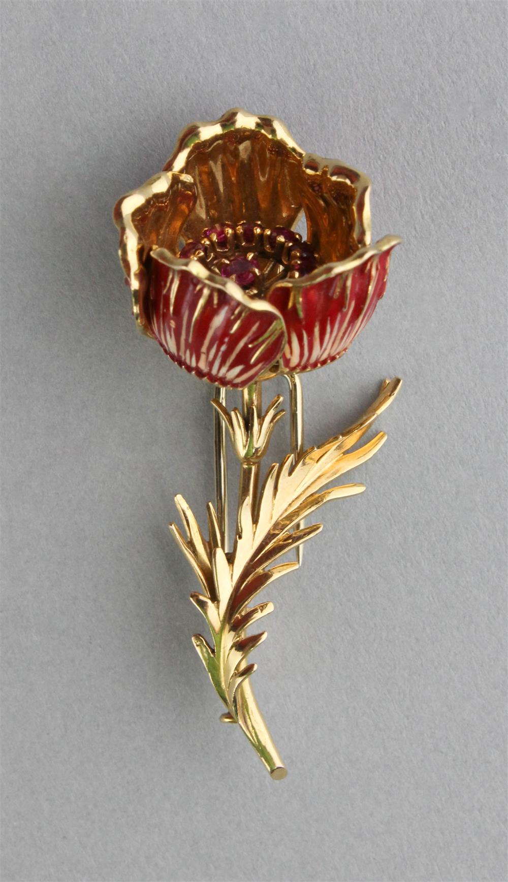 Appraisal: K YELLOW GOLD VINTAGE FRENCH ARTICULATING FLOWER BROOCH WITH RUBY