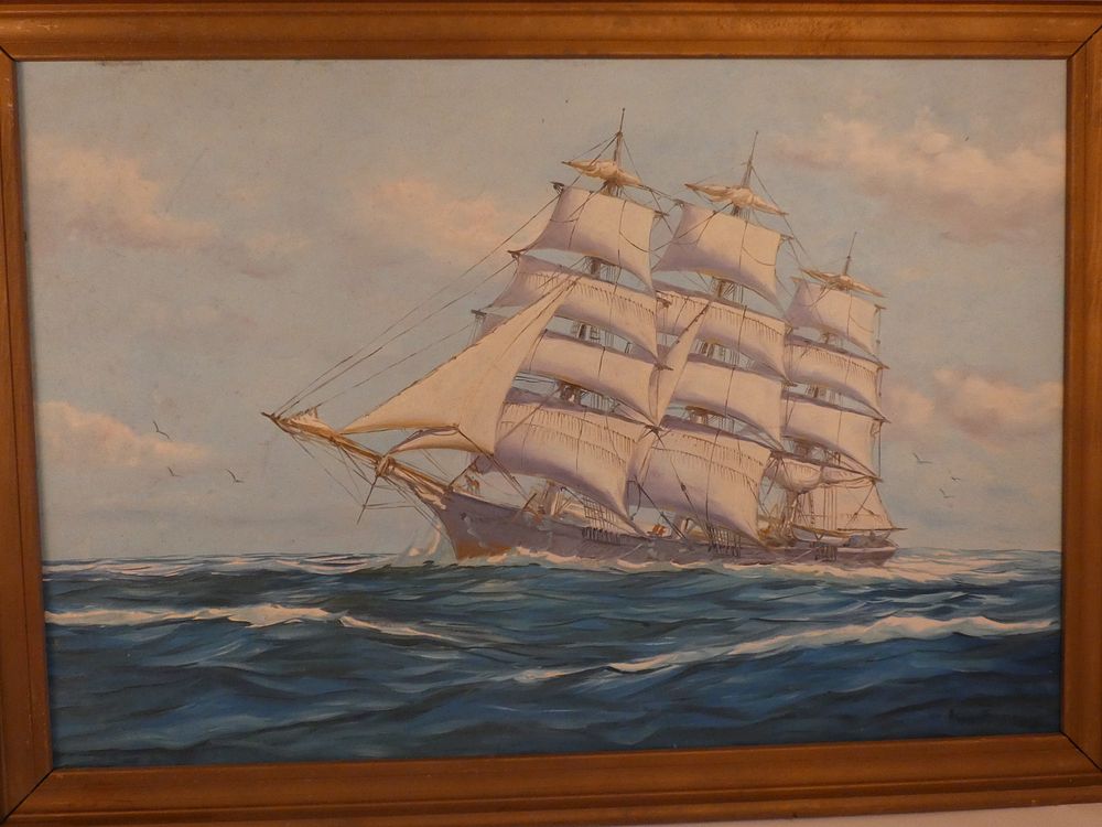 Appraisal: SYLVA FERNANDES SHIP PAINTING Old oil painting on canvas depicting