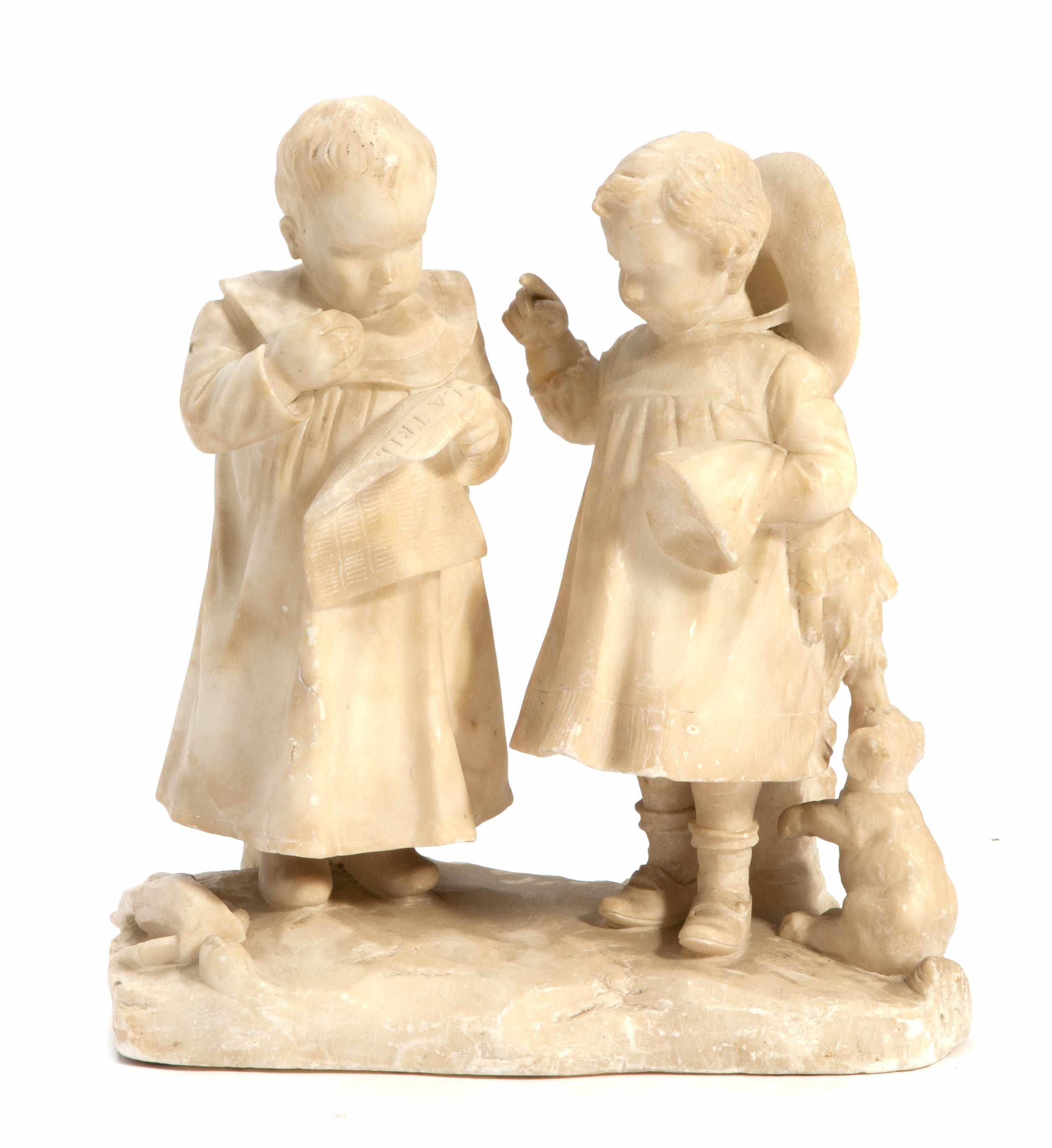 Appraisal: An Italian carved alabaster figure depicting two children with a