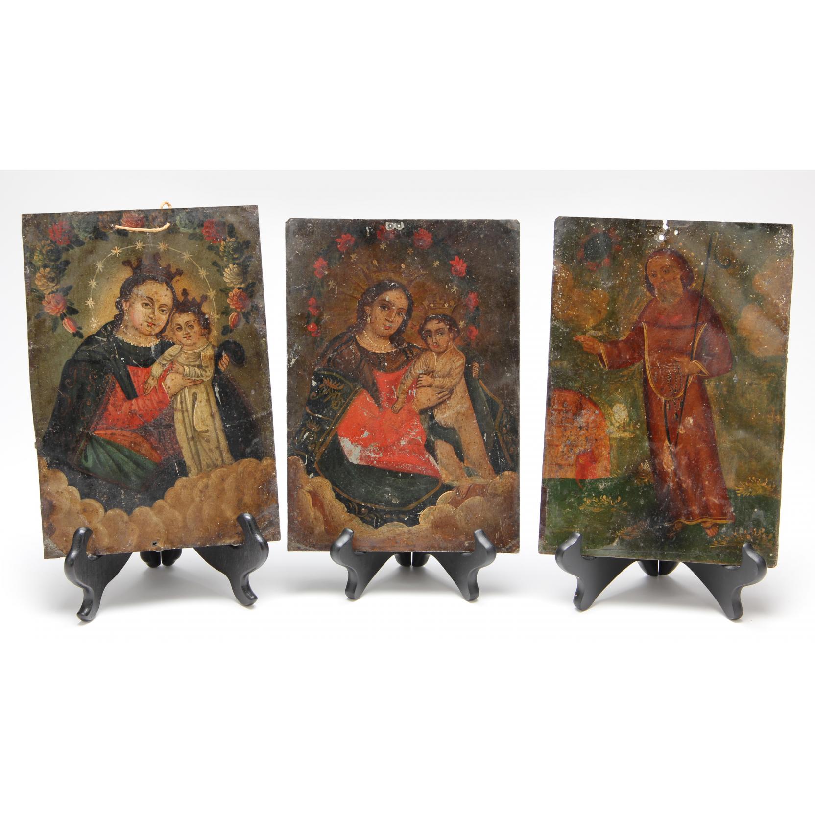 Appraisal: Three Mexican Painted Tin Retablos th century subjects include two