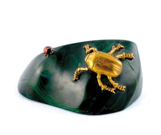 Appraisal: Bronze-mounted malachite paperweight late th century stone slab adorned with