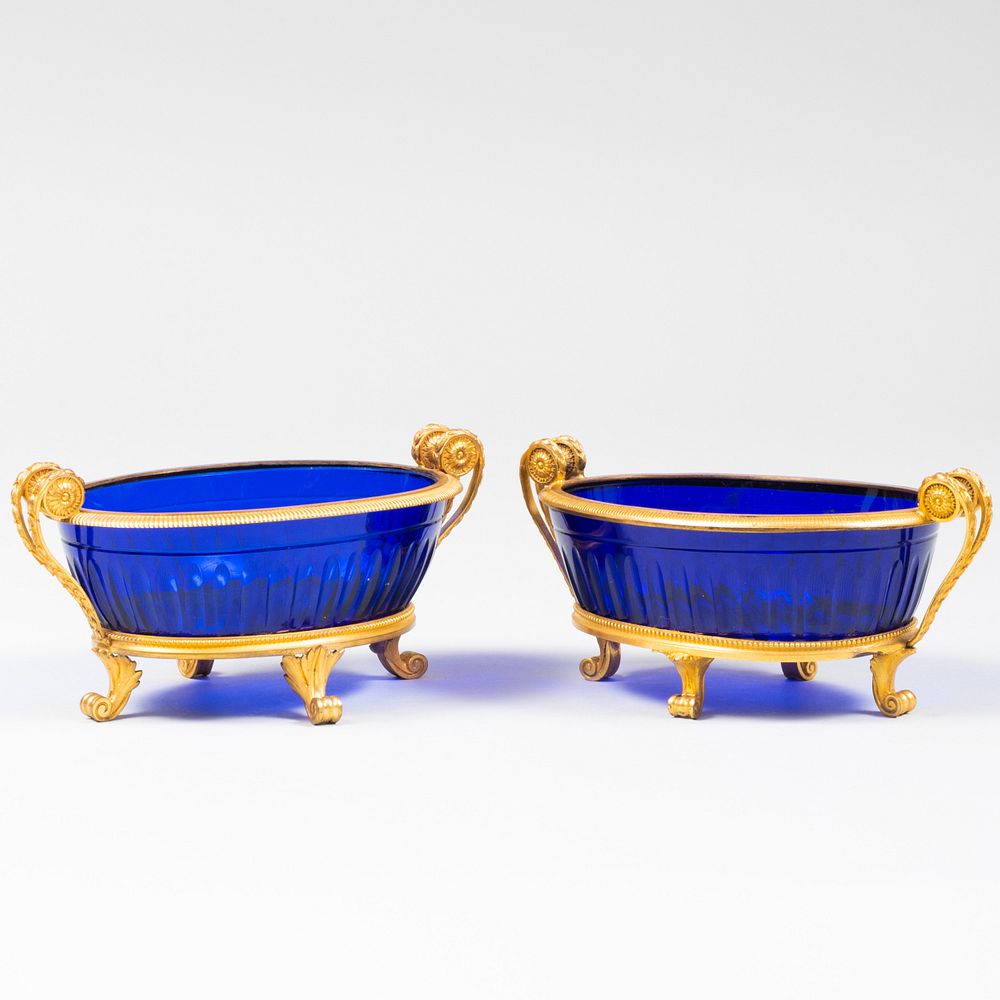 Appraisal: Pair of Continental Gilt-Metal-Mounted Blue Glass Oval Dishes x x