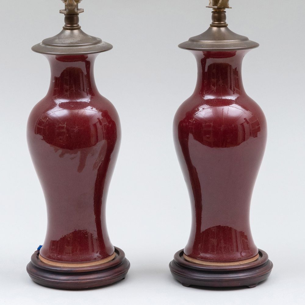 Appraisal: Pair of Chinese Copper Red Glazed Vases Mounted as Lamps